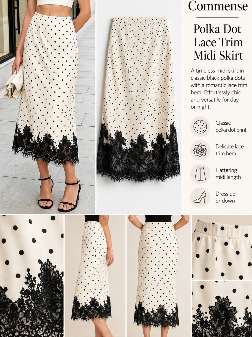 NWT Commense Cream Midi Skirt with Black Polka Dots & Black Lace